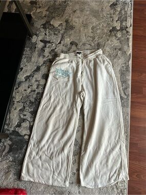 Ed Hardy Cream Sweatpants with Teal Script Logo